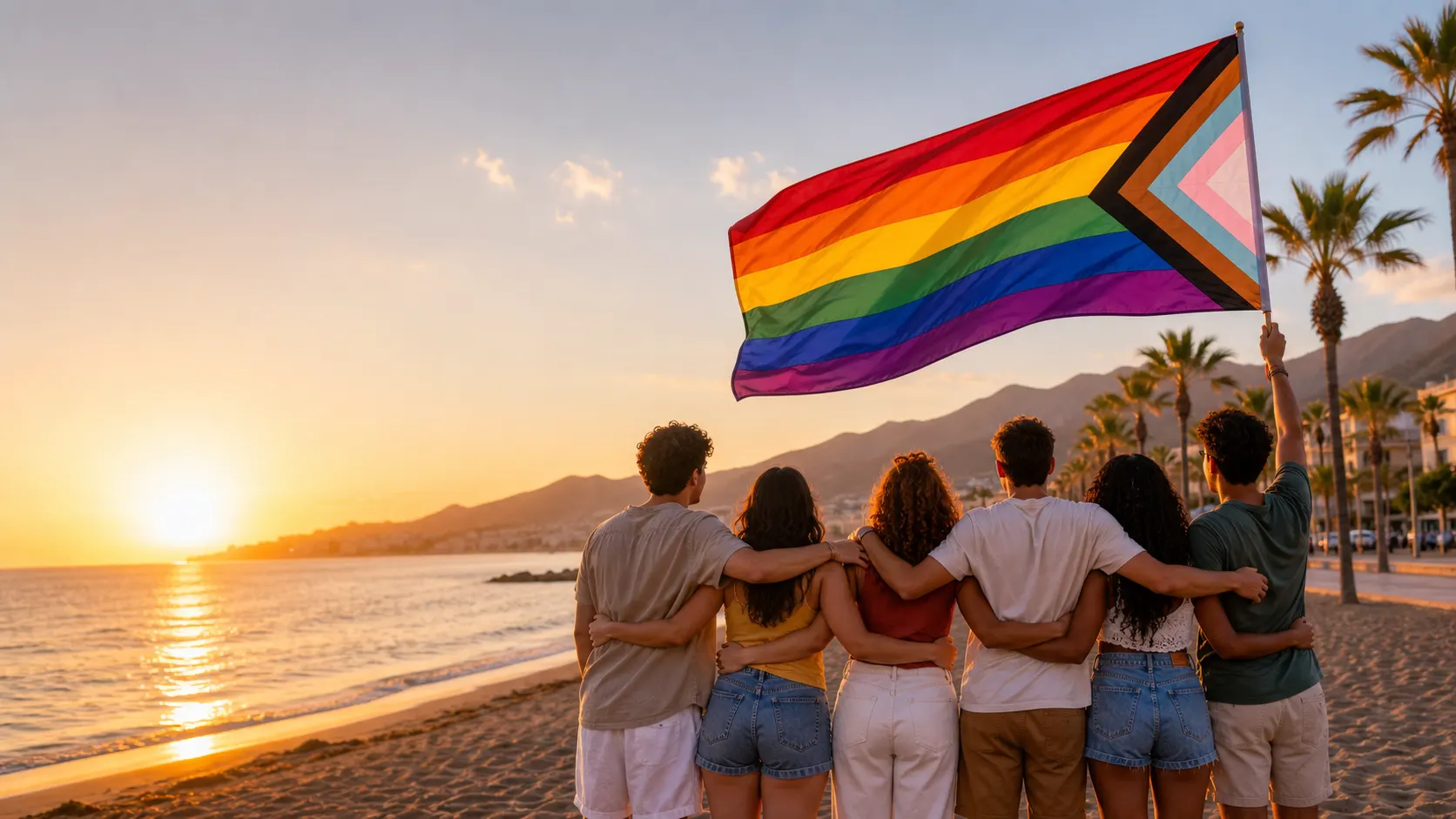 Grupo de jóvenes con una bandera arcoíris en Playa Granada de Motril.