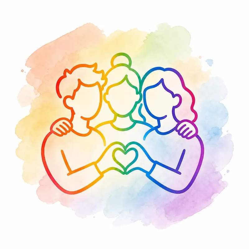 Ilustración de tres personas acompañándose con un corazón.